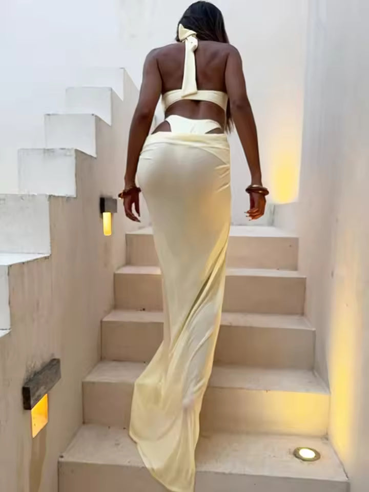 2025 Summer New Women's Clothing Solid Color Sexy Hollow Neck Slim Onesie Hip Skirt Set