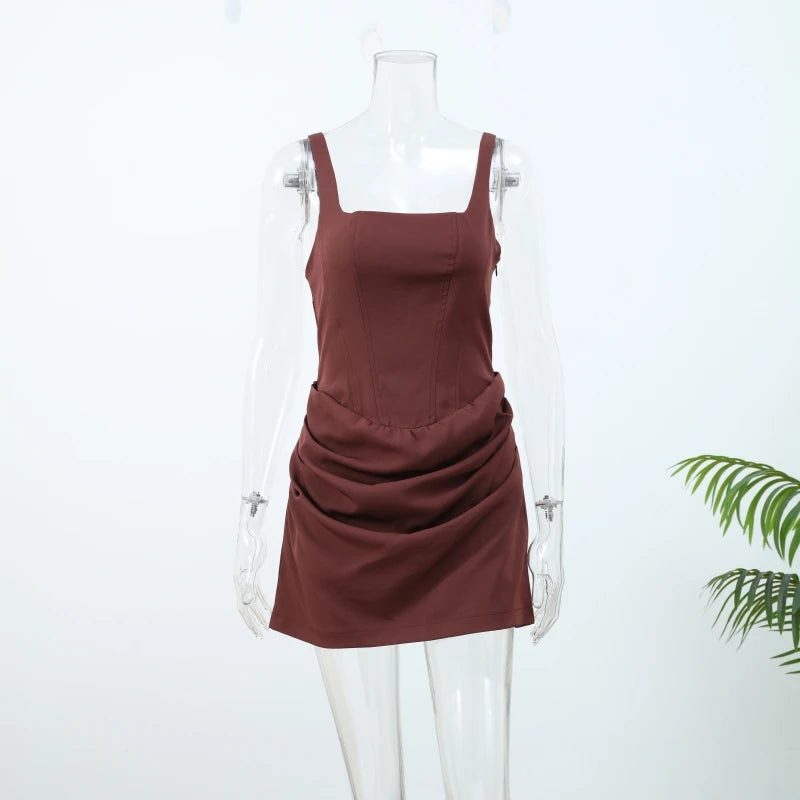 white Wide Strap Pleated Hem Dresses Women's Sexy Sleeveless Slim Fit Mini  Robes 2025 New Lady Summer Holiday Party Vestidos