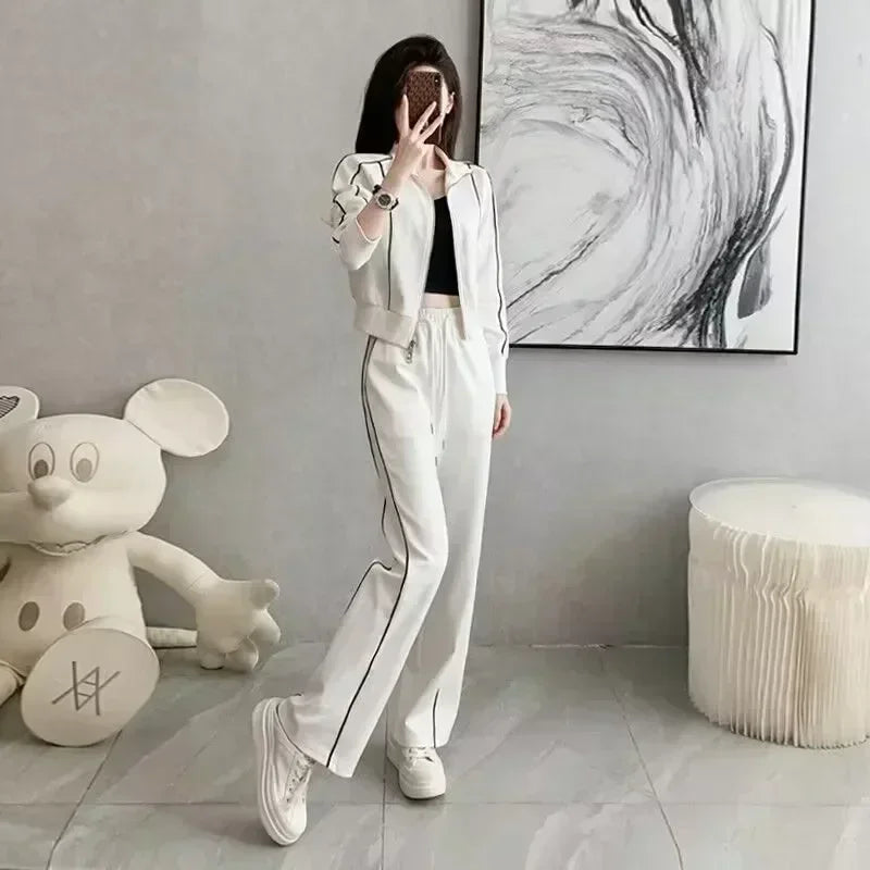 Spring and Autumn Sports Suit Women's Fashion Casual Long Sleeve Cardigan Coat+Loose Wide Leg Pants Two Piece Set