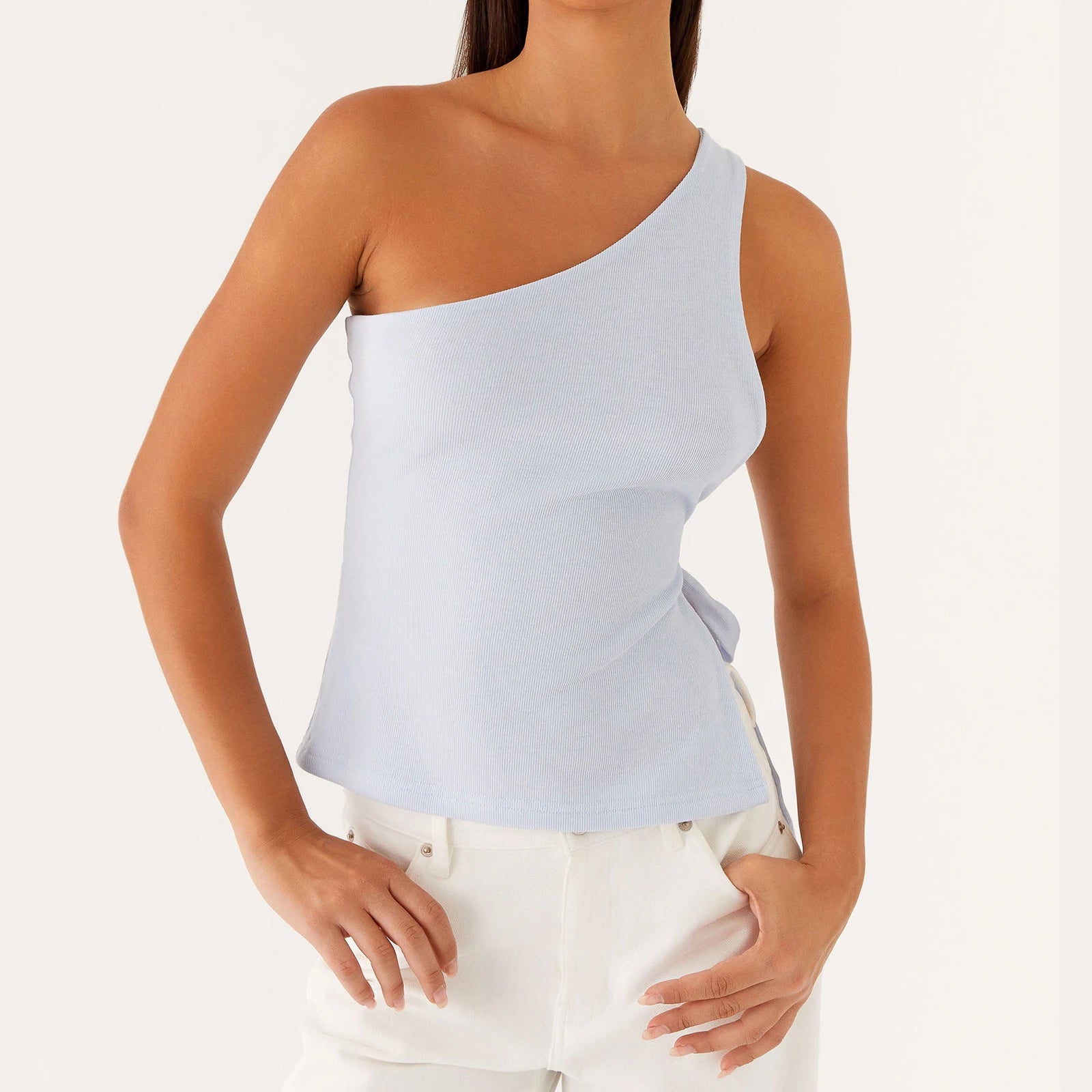 Women Off One Shoulder Tank Tops Solid Stylish Side Tie Design Summer Vest Fashion Sexy Bandage Tops