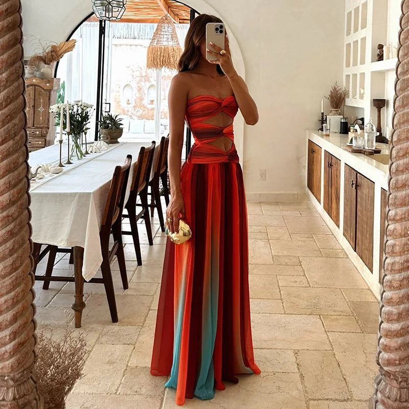 Tie-dye Gradient Hollow Out Women's Maxi Dress Elegant Off Shoulder A-line Hem Long Dresses New Summer 2025 Holiday Female Robes