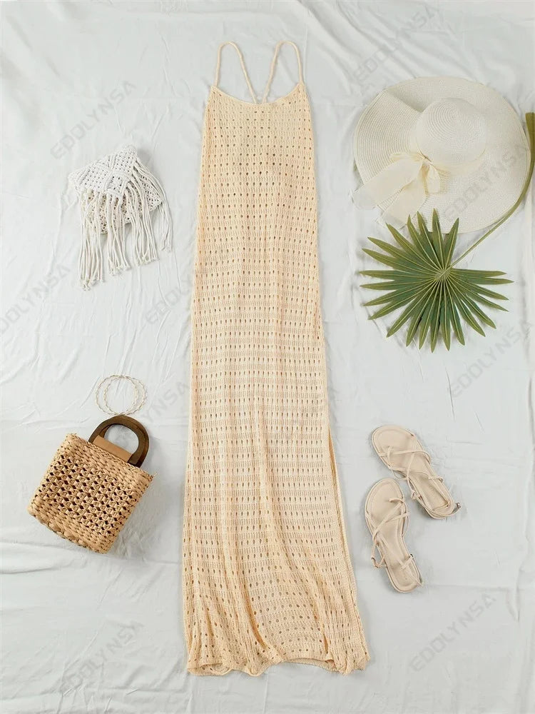 Sexy Knit Cut Out Tassel Spaghetti Strap Bodycon Beach Maxi Dress Summer Women's Holiday Club Party Outfit Swimsuit Cover Up K10