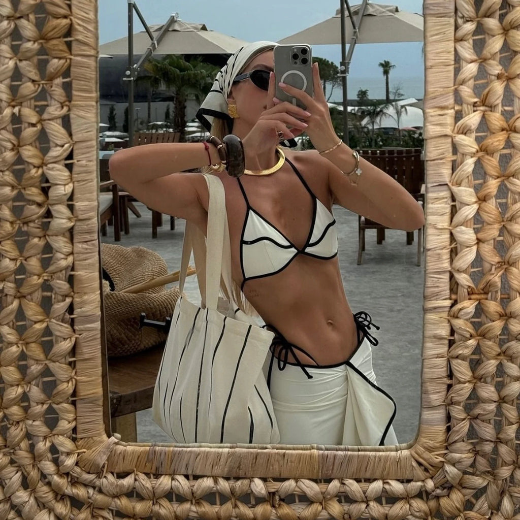 3 Pieces Sexy Bikini Set Black White Bikinis Women Swimsuit Female Elegant Swimwear Long Skirt Bathing Suit Beachwear Cover Up