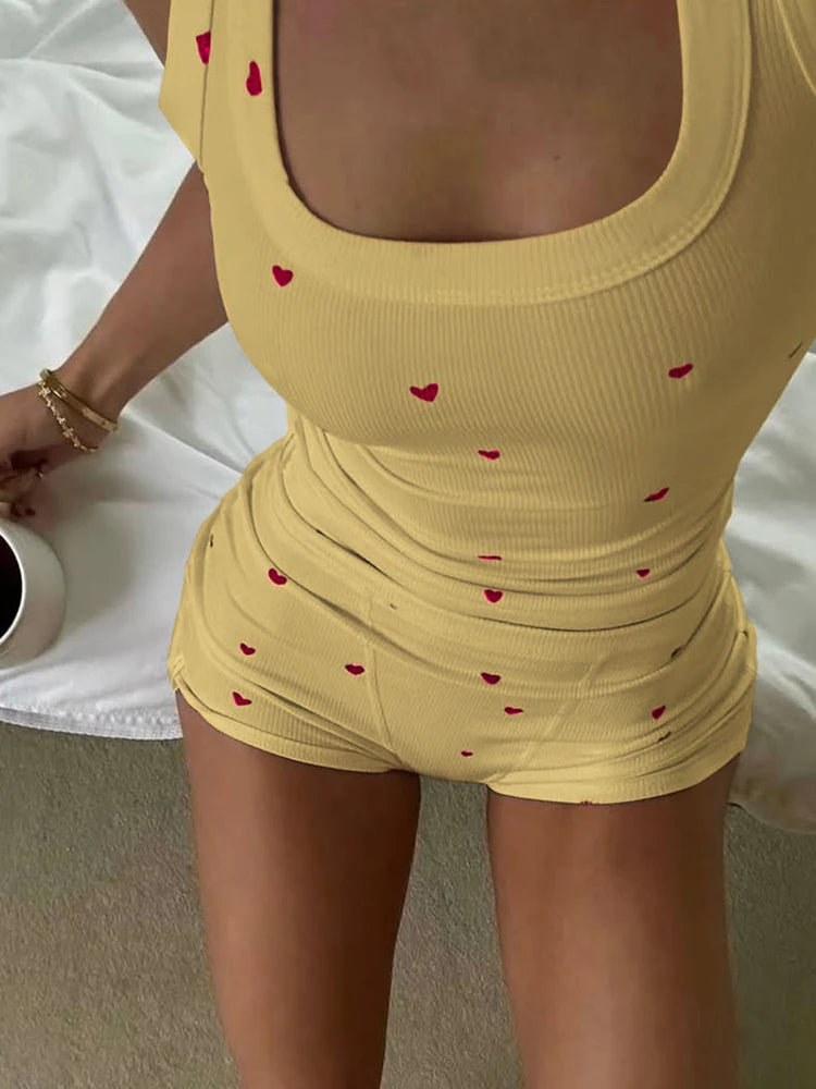 Nibber Comfortable Heart Print 2 Piece Set Women Square Collar Sleeveless Crop Tops+Stretch Shorts Sweet Girls Fashion Outfits