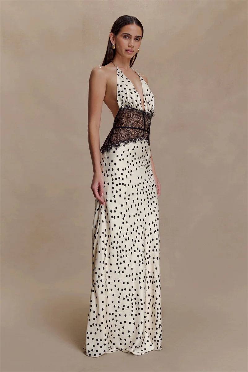 Mozision Polka Dot Backless Sexy Maxi Dress Women Gown Elegant Patchwork Lace Halter Deep V Neck Sleeveless Bodycon Club Dress