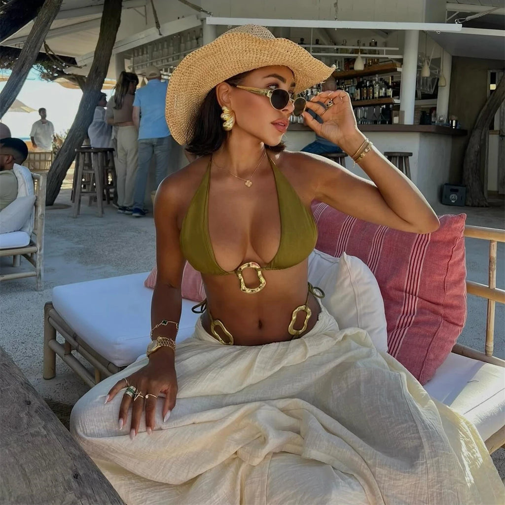 3Pcs Halter Bikini With Cover Up Beach Skirt Cut Out Swimsuit Women Swimwear Sexy Swim Suit Off Shoulder Biquini Bodysuit Outfit