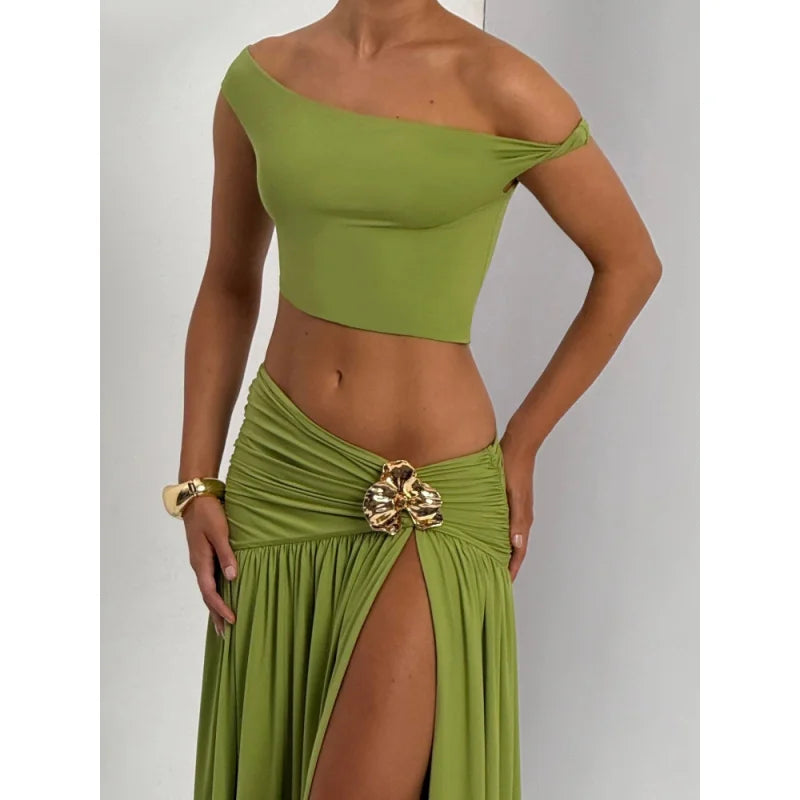 Articat Sexy Vest Top Skirt Set For Women Elegant Metal Tight Split Skirt Two-Piece Set Female Party Club Holiday Beachwear