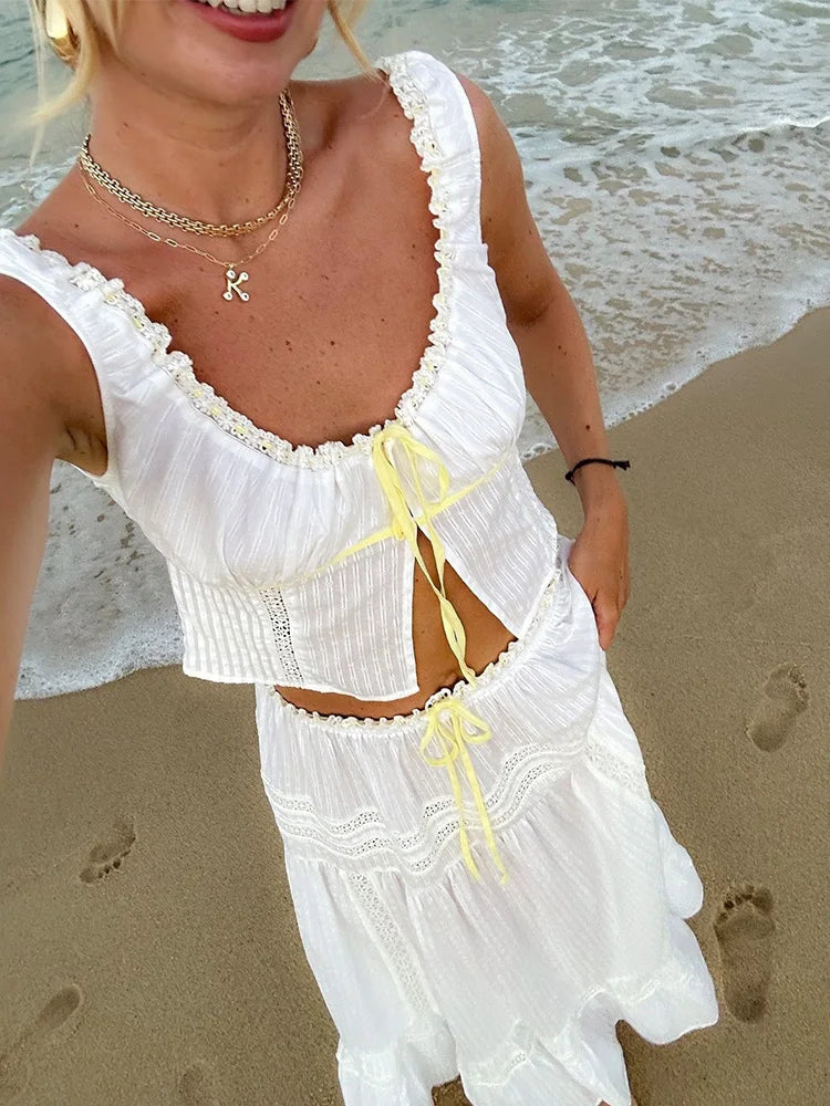 White Lace Skirt Set Women's Dress Outfits Summer Beach Cotton Matching Sets 2 Pcs Long Maxi Dress Set Vestidos Female 2025