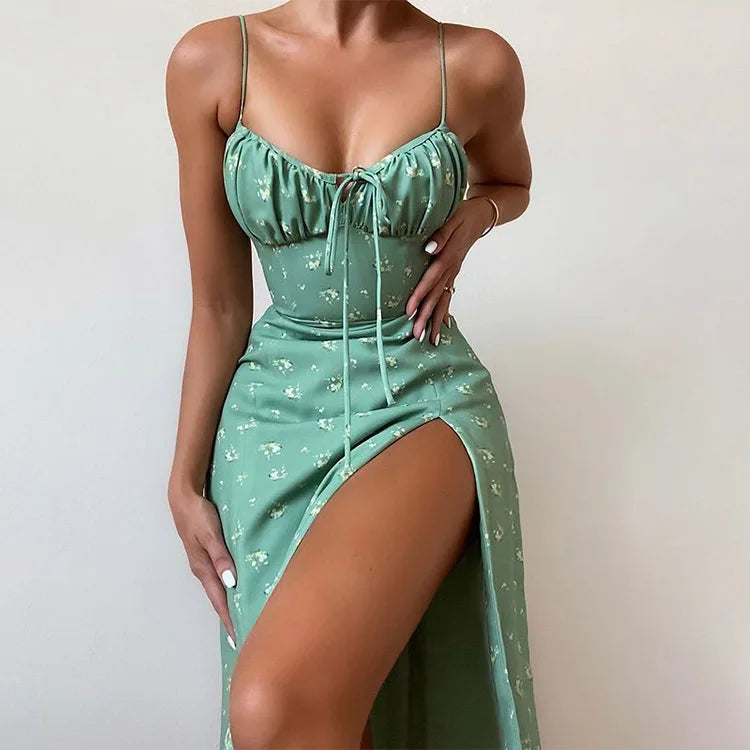 Flower Printed Spaghetti Strap Dresses For Women Sexy Low Cut Beach Party Slim Slit Dress Chic Bodycon Lady Sleeveless Vestidos