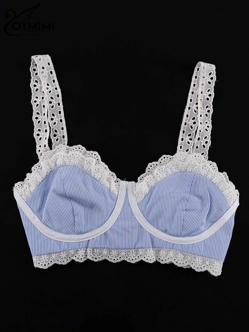 Oymimi Fashion Blue Print Sets For Women 2 Pieces Autumn Spaghetti Strap Lace Bra And High Waisted Loose Pleated Skirts Sets