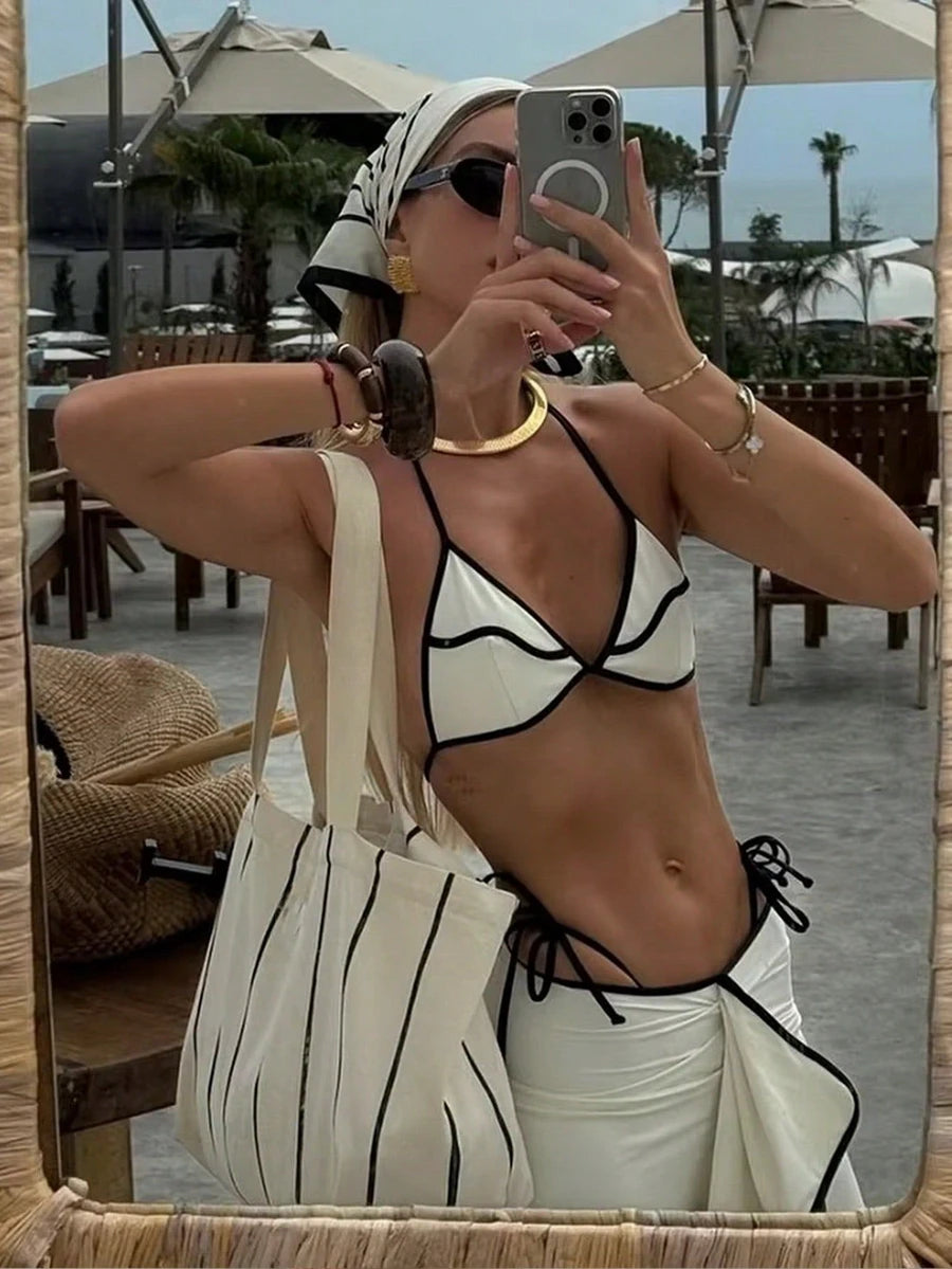 Para Praia Print Three Pieces Bikini Set with Long Skrit 2025 Swimwear Women Sexy Swimsuit Beachdress Bathing Suit Outfits