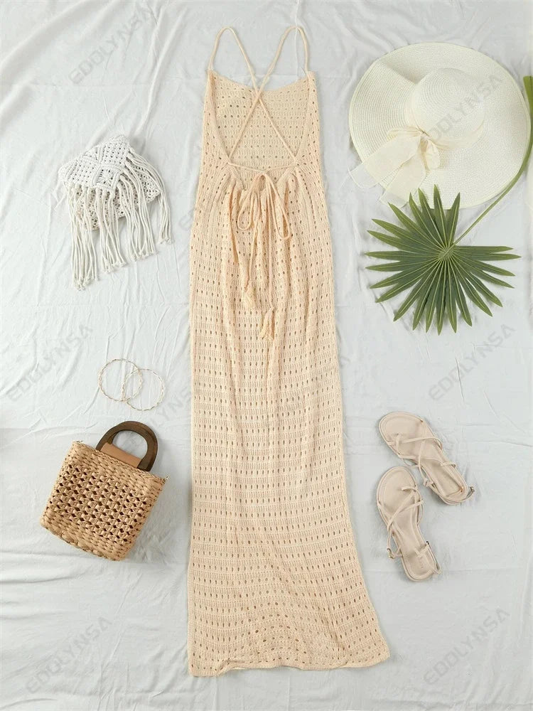 Sexy Knit Cut Out Tassel Spaghetti Strap Bodycon Beach Maxi Dress Summer Women's Holiday Club Party Outfit Swimsuit Cover Up K10