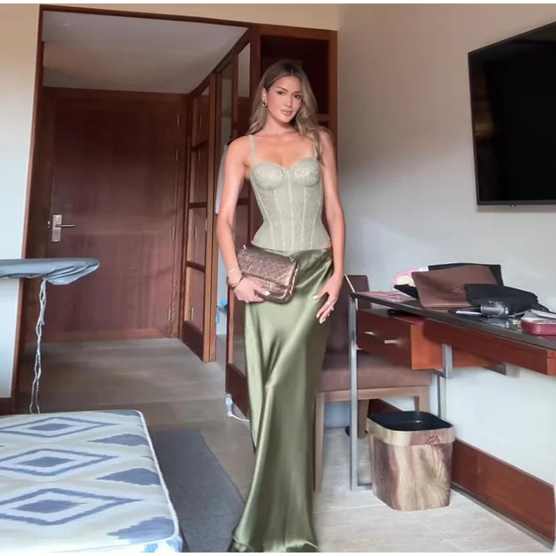 Elegant Lace Fishbone Top Long Skirt Set Women Sexy Perspective Corset Sling Tops Hip Package Skirts Sets Lady Chic Party Street