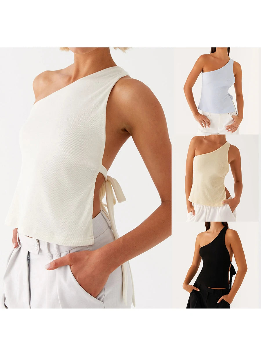 Women Off One Shoulder Tank Tops Solid Stylish Side Tie Design Summer Vest Fashion Sexy Bandage Tops