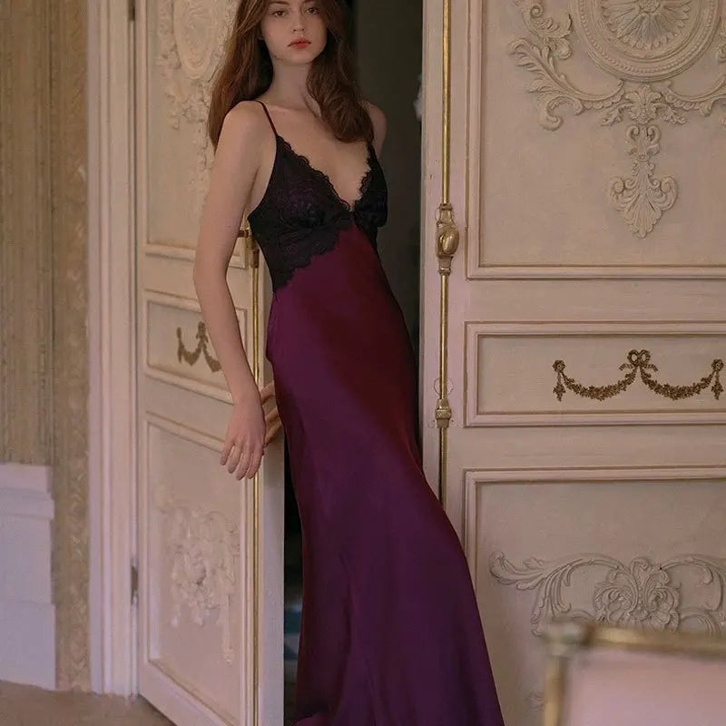 Sexy Chemise Sleepwear Lace Backless Nightdress Ice Silk Pajamas Female Lingerie Long Home Dressing Gown Nightgown Loungewear