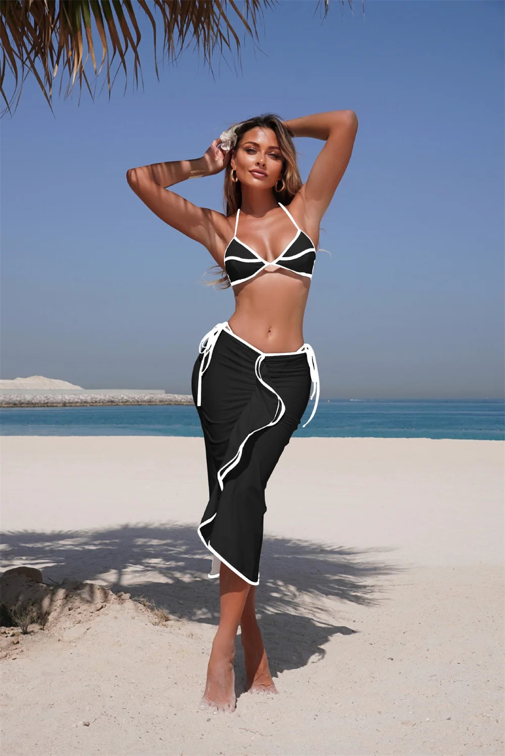 Para Praia Print Three Pieces Bikini Set with Long Skrit 2025 Swimwear Women Sexy Swimsuit Beachdress Bathing Suit Outfits