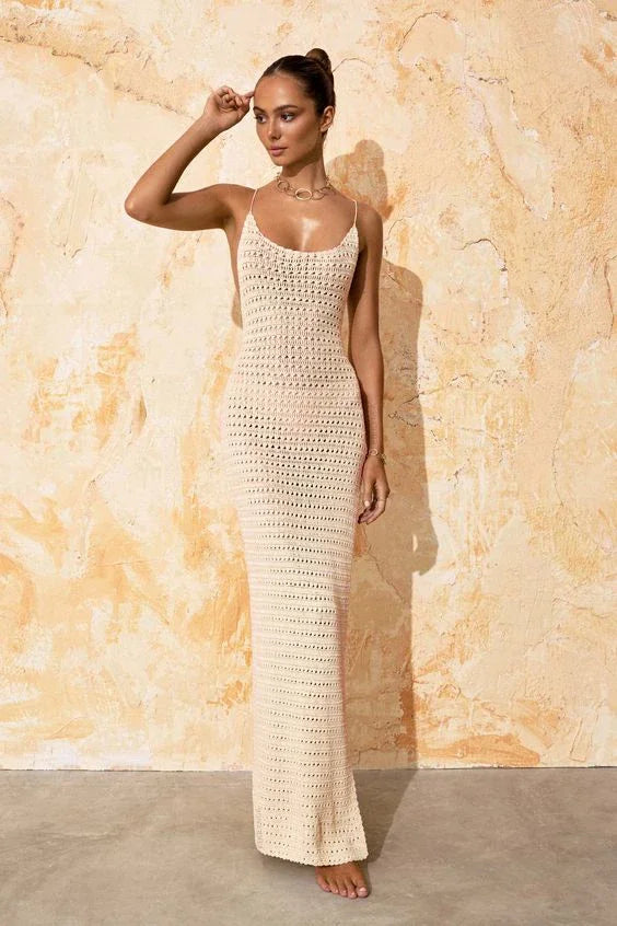 Sexy Knit Cut Out Tassel Spaghetti Strap Bodycon Beach Maxi Dress Summer Women's Holiday Club Party Outfit Swimsuit Cover Up K10