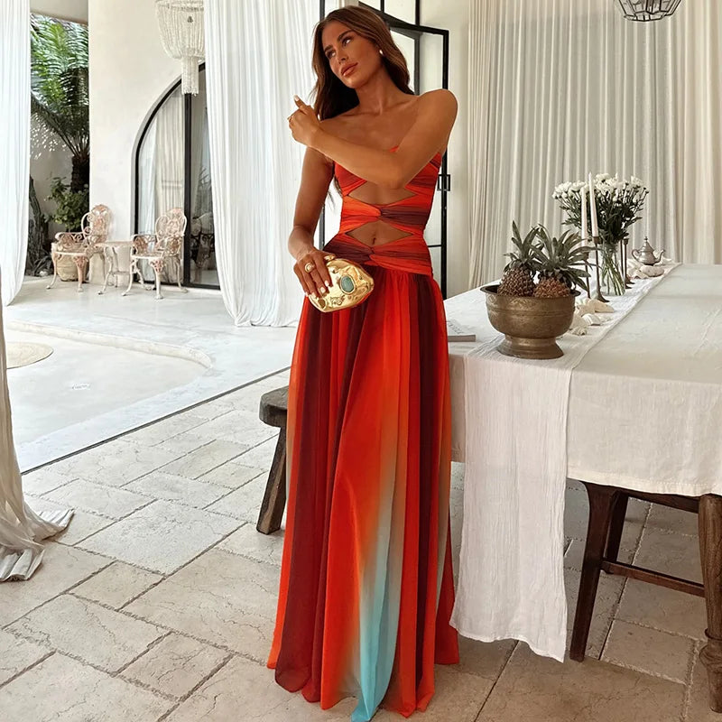Tie-dye Gradient Hollow Out Women's Maxi Dress Elegant Off Shoulder A-line Hem Long Dresses New Summer 2025 Holiday Female Robes