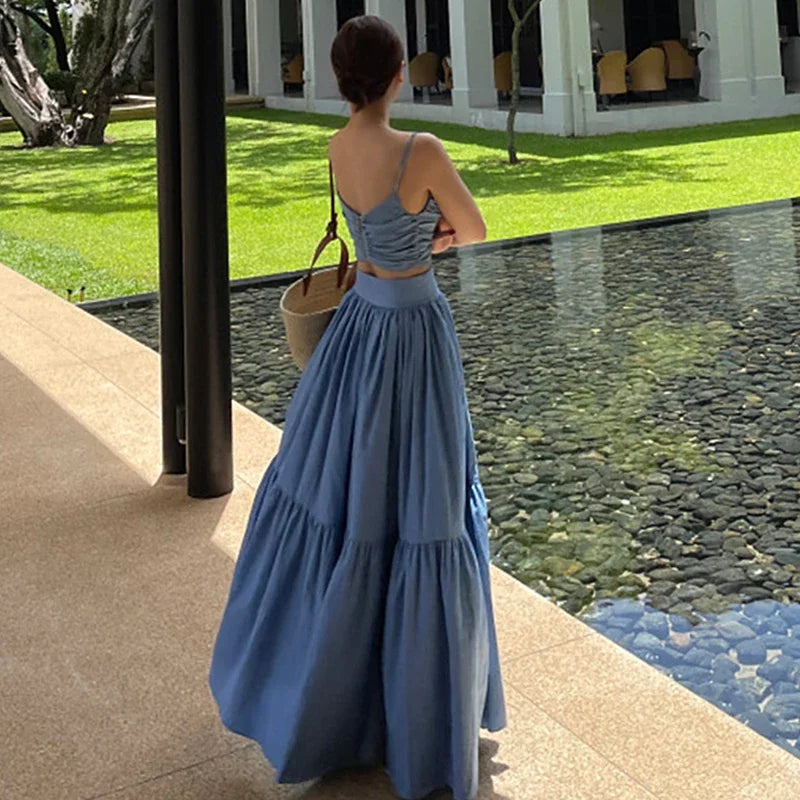 Neploe Sexy Two Piece Set 2025 Summer Femme French Style V-neck Slim Fit Short Suspended Tank Top High Waist Large Swing Skirt