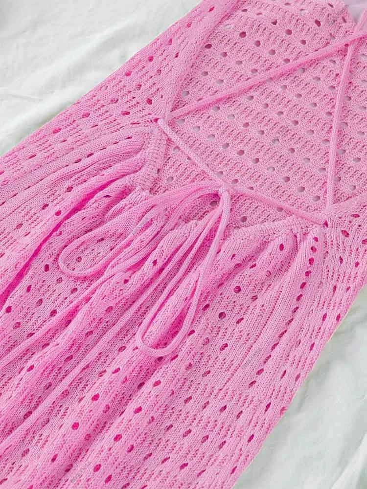 Sexy Knit Cut Out Tassel Spaghetti Strap Bodycon Beach Maxi Dress Summer Women's Holiday Club Party Outfit Swimsuit Cover Up K10