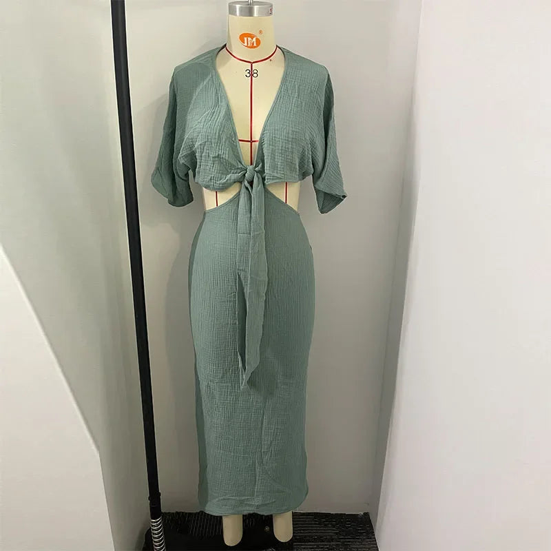 Women's Europe and America Sexy Dresses V-neck Simple Expose Waist Hollow Backless Summer Dresses Vestidos De Mujer 2024  y2k