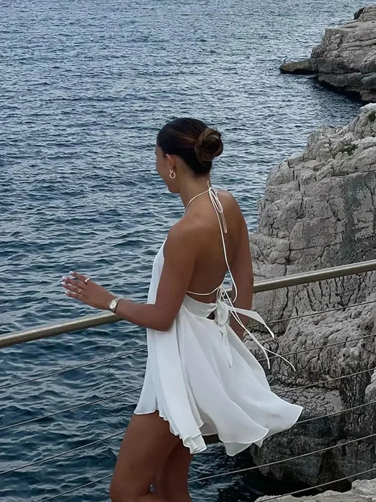 Solid Halter Lace Up Mini Dress Elegant Off Shoulder Backless A-line Loose Gown For Women 2025 Casual Summer Vacation Beach Gown