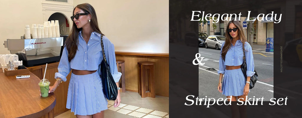 Oymimi Fashion Blue Print Sets For Women 2 Pieces Autumn Spaghetti Strap Lace Bra And High Waisted Loose Pleated Skirts Sets