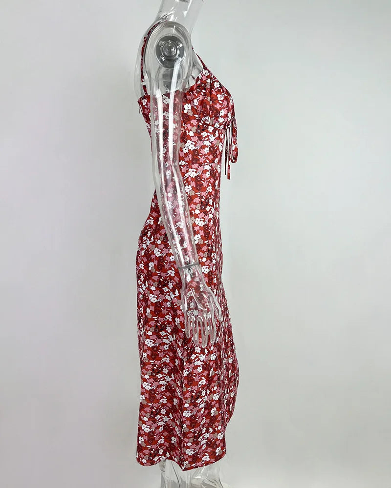 Flower Printed Spaghetti Strap Dresses For Women Sexy Low Cut Beach Party Slim Slit Dress Chic Bodycon Lady Sleeveless Vestidos