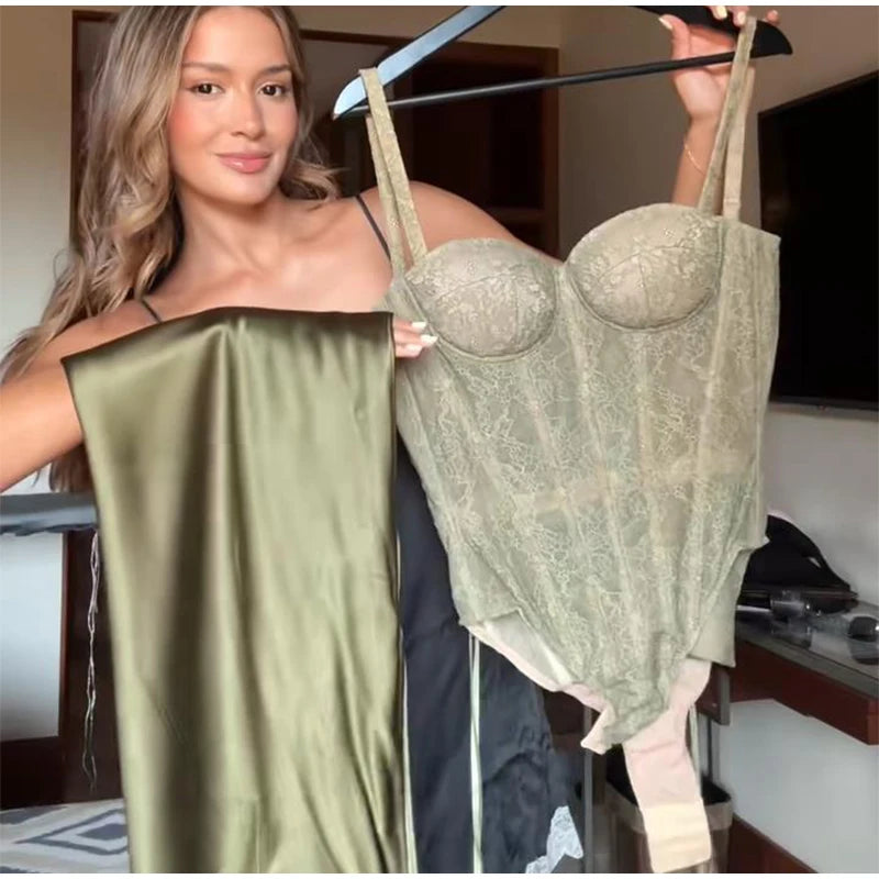 Elegant Lace Fishbone Top Long Skirt Set Women Sexy Perspective Corset Sling Tops Hip Package Skirts Sets Lady Chic Party Street