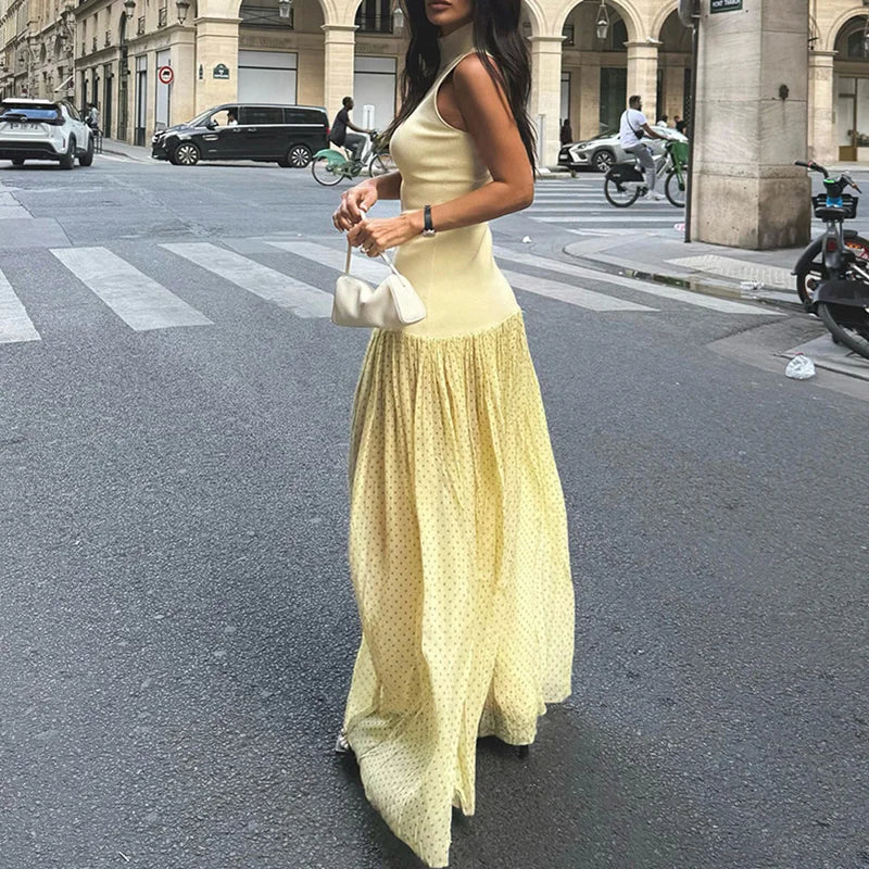 Dignified High Waist Slim Fit A-line Dress 2025 Temperament Sleeveless Pleated Dress Women Mesh Polka Dot Printed Holiday Dress