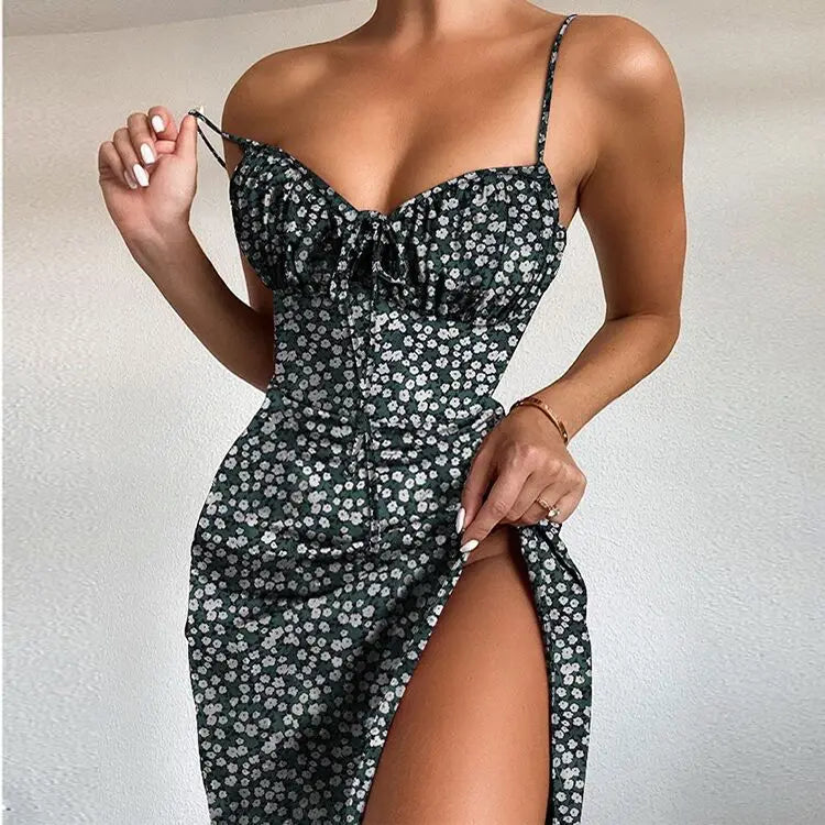 Flower Printed Spaghetti Strap Dresses For Women Sexy Low Cut Beach Party Slim Slit Dress Chic Bodycon Lady Sleeveless Vestidos