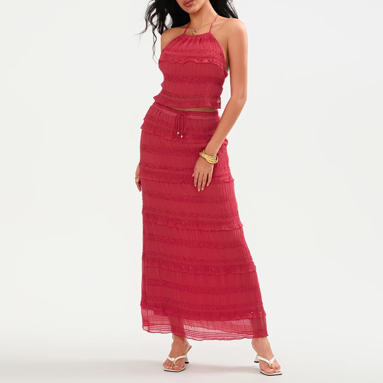 Women Summer Outfit Shirred Tie-up Halter Neck Sleeveless Open Black Tank Tops Drawstring Long Skirt 2 Pcs Set