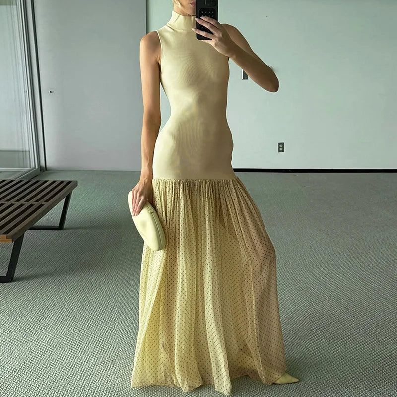 Dignified High Waist Slim Fit A-line Dress 2025 Temperament Sleeveless Pleated Dress Women Mesh Polka Dot Printed Holiday Dress