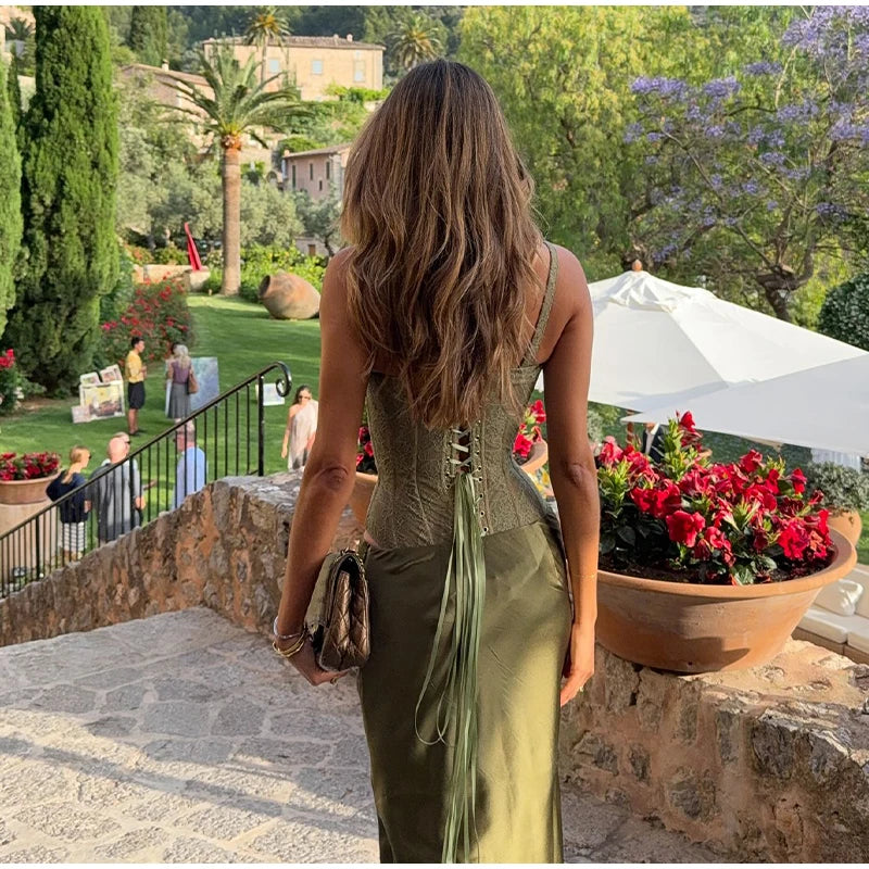 Elegant Lace Fishbone Top Long Skirt Set Women Sexy Perspective Corset Sling Tops Hip Package Skirts Sets Lady Chic Party Street