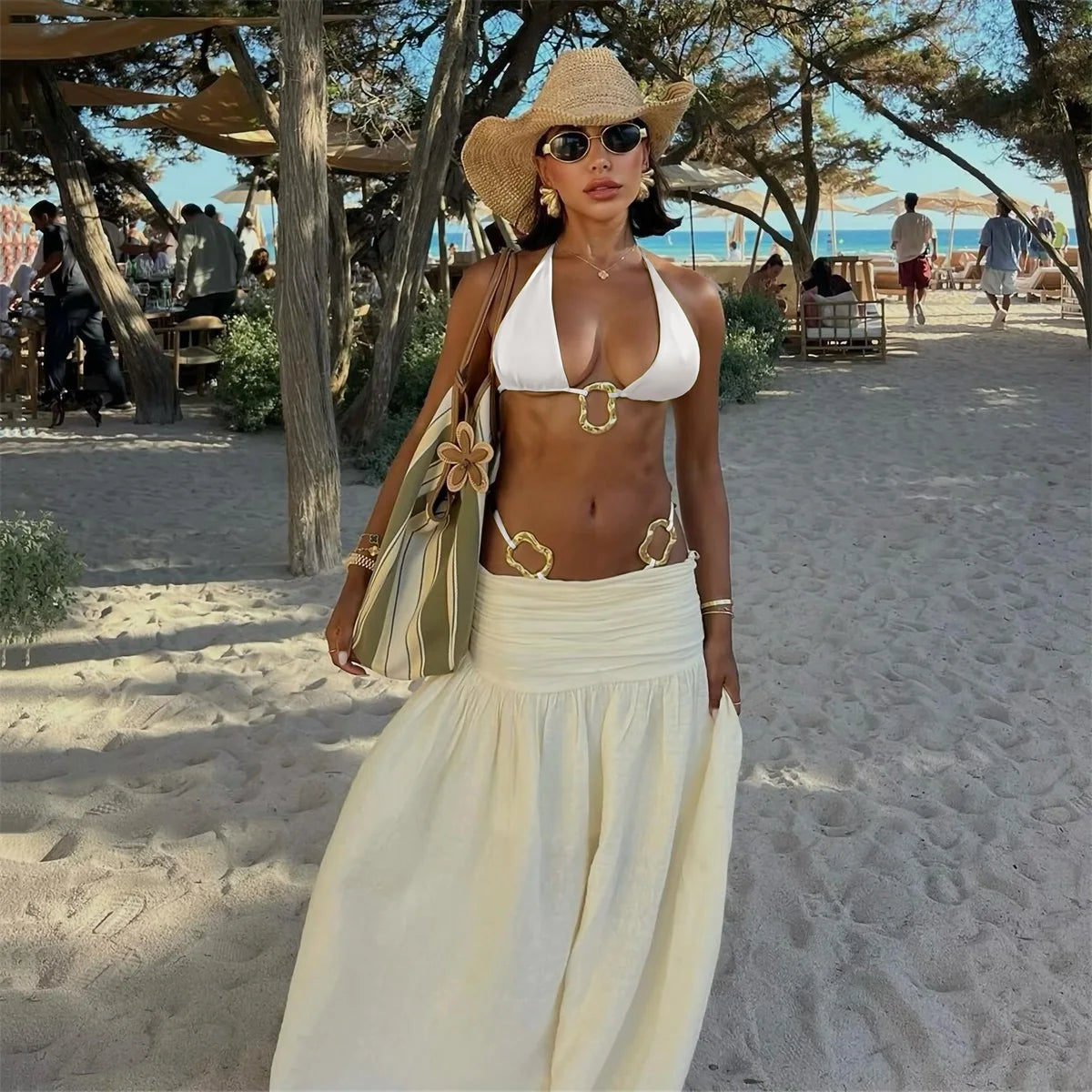 3Pcs Halter Bikini With Cover Up Beach Skirt Cut Out Swimsuit Women Swimwear Sexy Swim Suit Off Shoulder Biquini Bodysuit Outfit