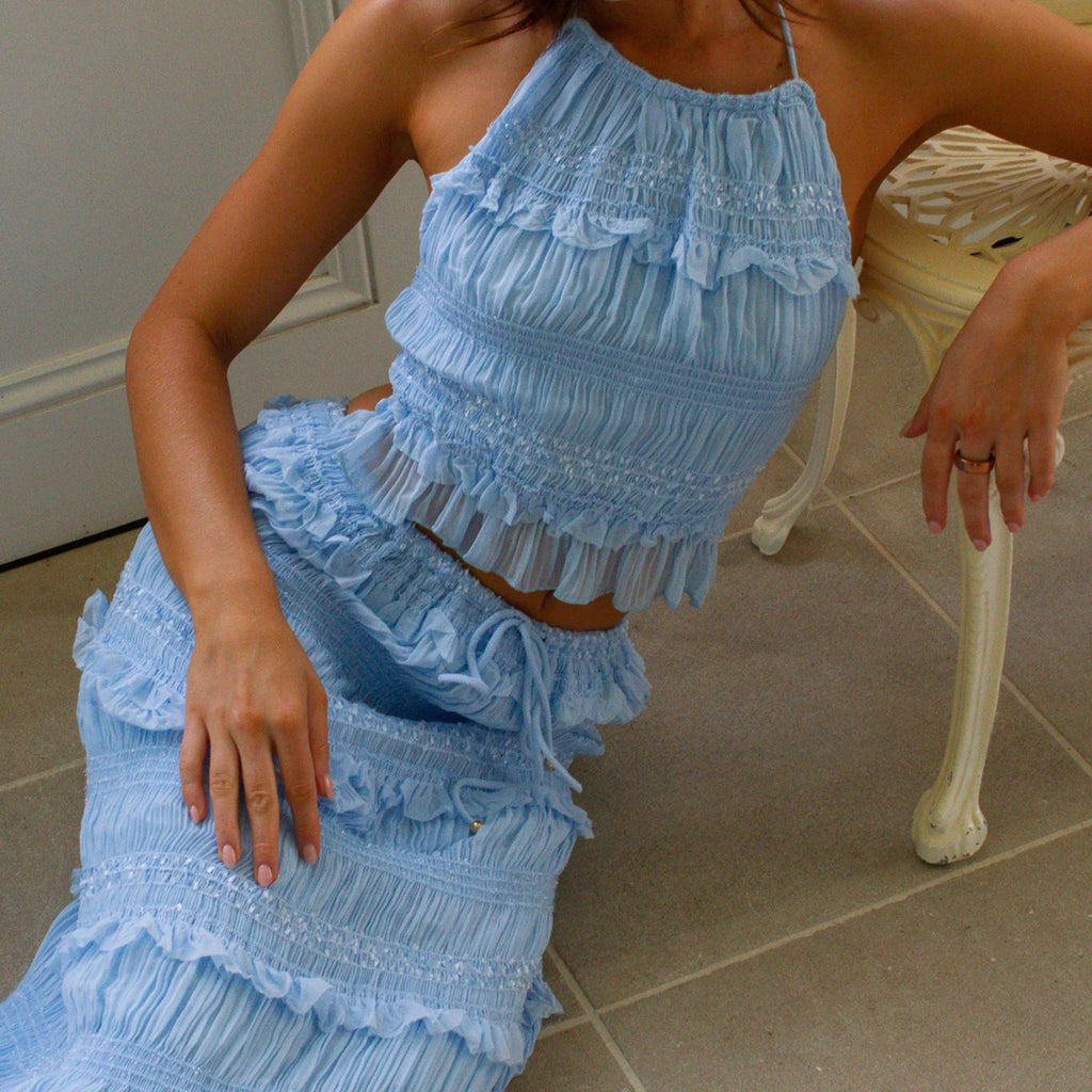 Women Summer Outfit Shirred Tie-up Halter Neck Sleeveless Open Black Tank Tops Drawstring Long Skirt 2 Pcs Set