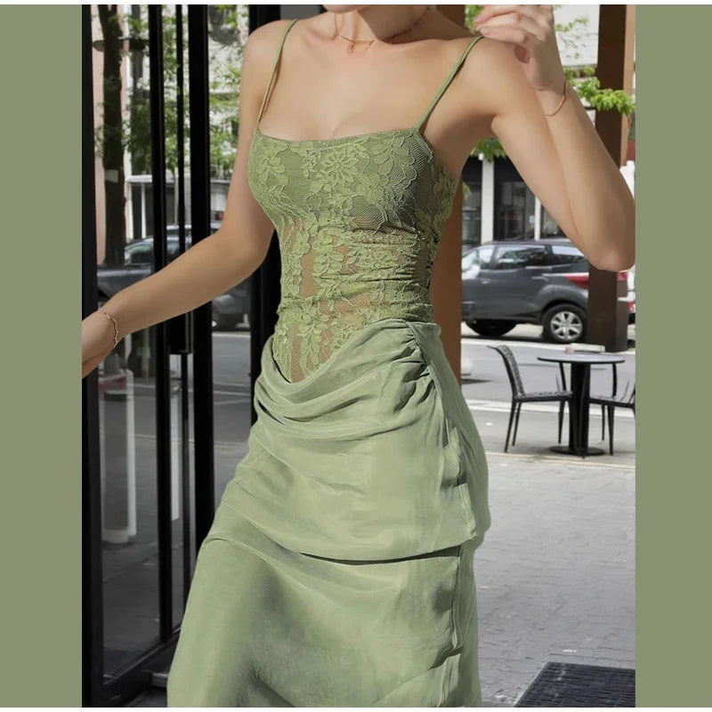 Elegant Lace Fishbone Top Long Skirt Set Women Sexy Perspective Corset Sling Tops Hip Package Skirts Sets Lady Chic Party Street