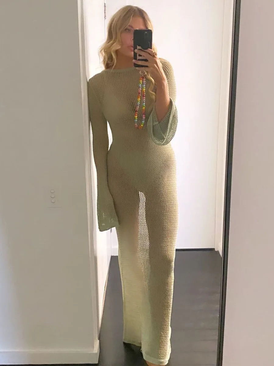 Bikini Sexy Cover-ups Long Sleeve Hollow Out See Through Maxi Knit Dress 2024 Beach Cover Up Dresses for Women Summer Outfit