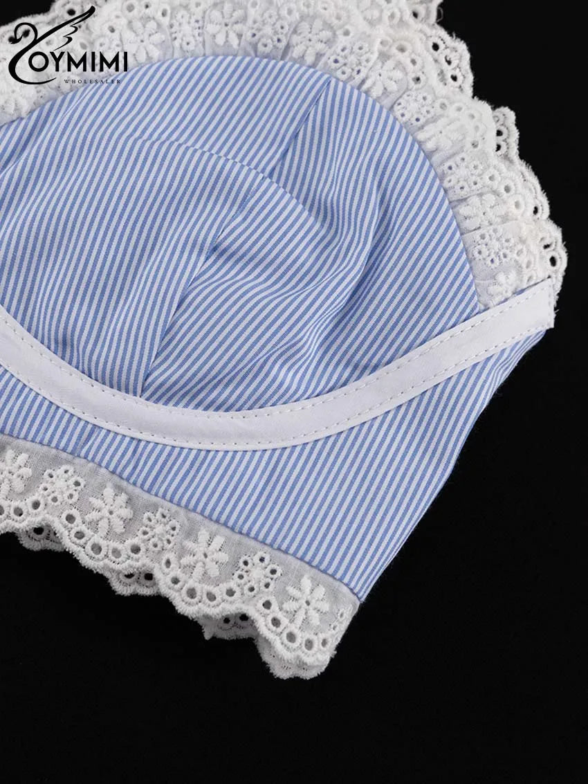 Oymimi Fashion Blue Print Sets For Women 2 Pieces Autumn Spaghetti Strap Lace Bra And High Waisted Loose Pleated Skirts Sets