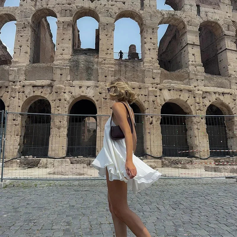 Solid Halter Lace Up Mini Dress Elegant Off Shoulder Backless A-line Loose Gown For Women 2025 Casual Summer Vacation Beach Gown