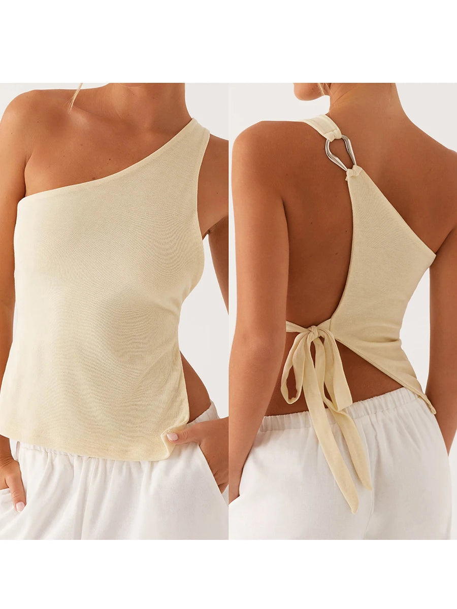 Women Off One Shoulder Tank Tops Solid Stylish Side Tie Design Summer Vest Fashion Sexy Bandage Tops