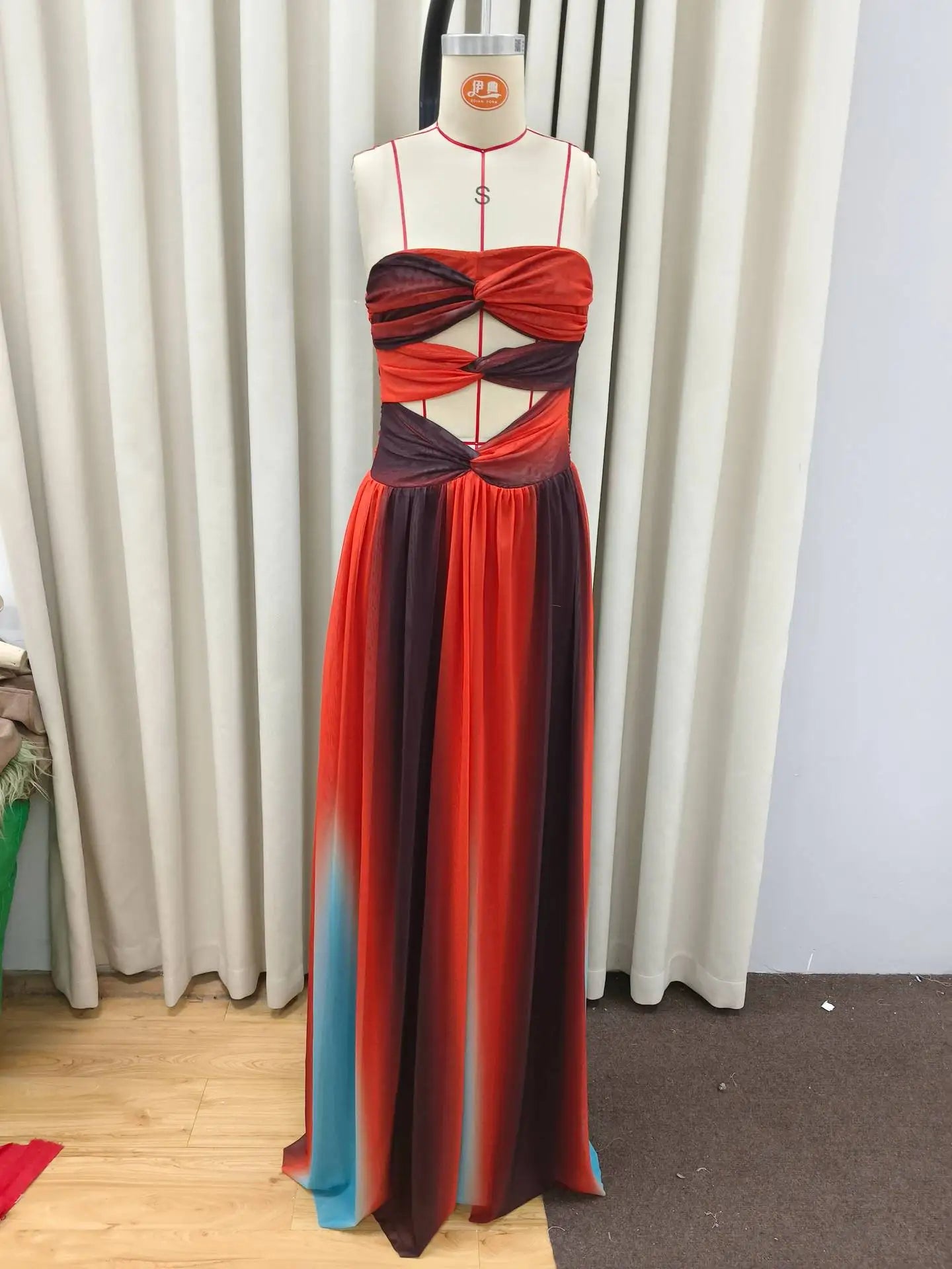 Tie-dye Gradient Hollow Out Women's Maxi Dress Elegant Off Shoulder A-line Hem Long Dresses New Summer 2025 Holiday Female Robes