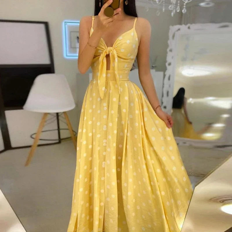 Sexy Summer Women V-Neck Sling Backless Dress Elegant Hollow Out BowKnot Long Party Dress Fashion Femme Dot Maxi Dress Vestido