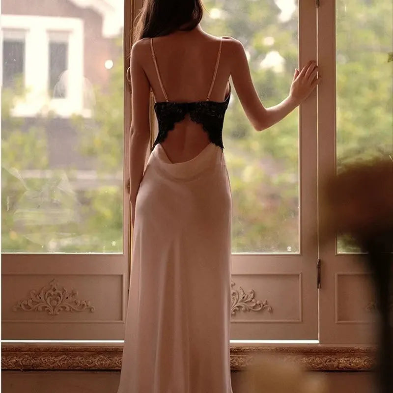 Sexy Chemise Sleepwear Lace Backless Nightdress Ice Silk Pajamas Female Lingerie Long Home Dressing Gown Nightgown Loungewear