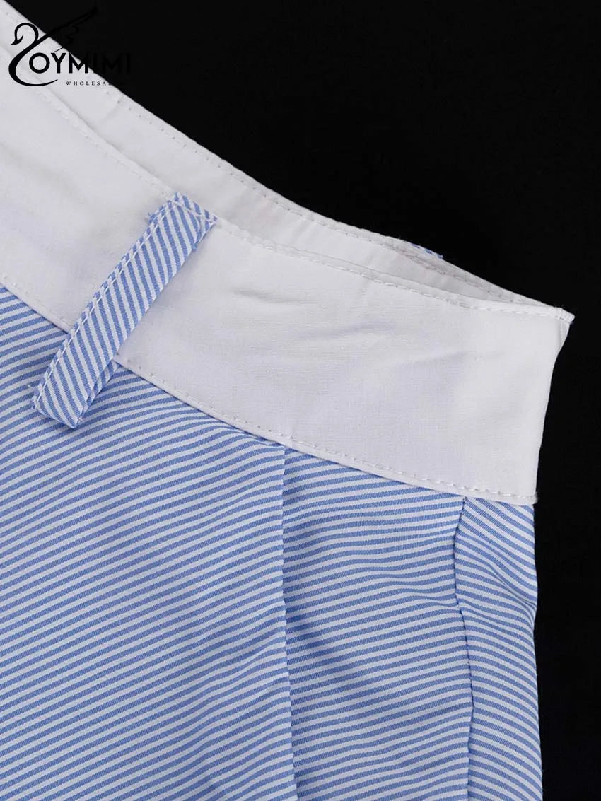 Oymimi Fashion Blue Print Sets For Women 2 Pieces Autumn Spaghetti Strap Lace Bra And High Waisted Loose Pleated Skirts Sets