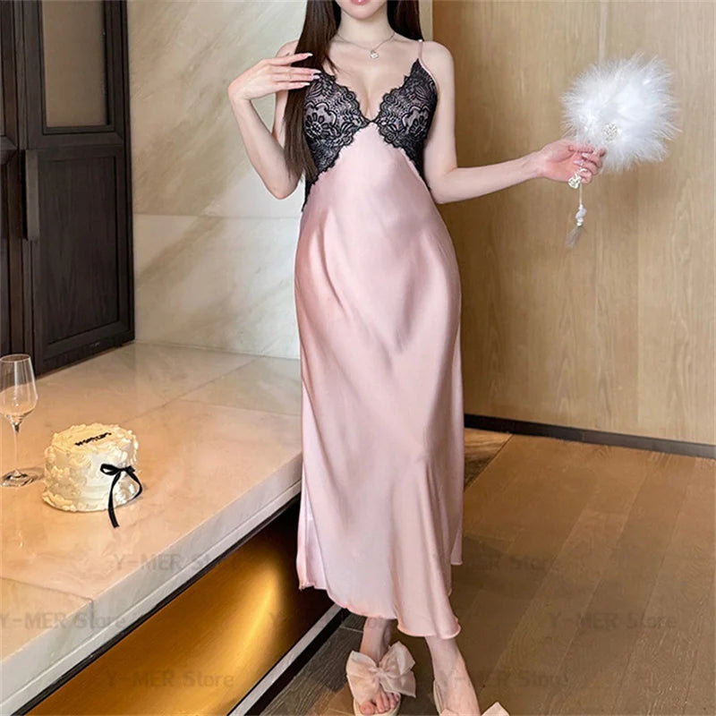 Sexy Chemise Sleepwear Lace Backless Nightdress Ice Silk Pajamas Female Lingerie Long Home Dressing Gown Nightgown Loungewear