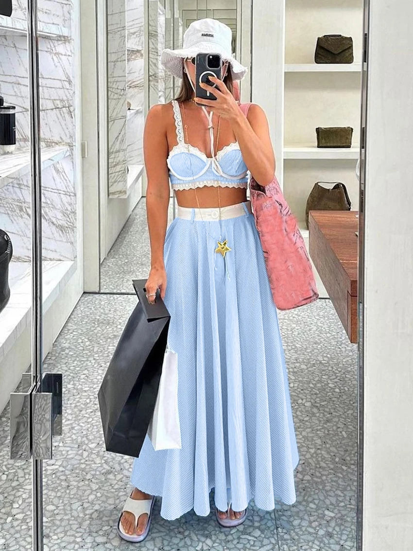 Marthaqiqi Casual Women Sleepwear Set Spaghetti Strap Pajama Tank Tops Nightwear Crop Top Nightie Long Skirt Ladies Pyjamas Suit