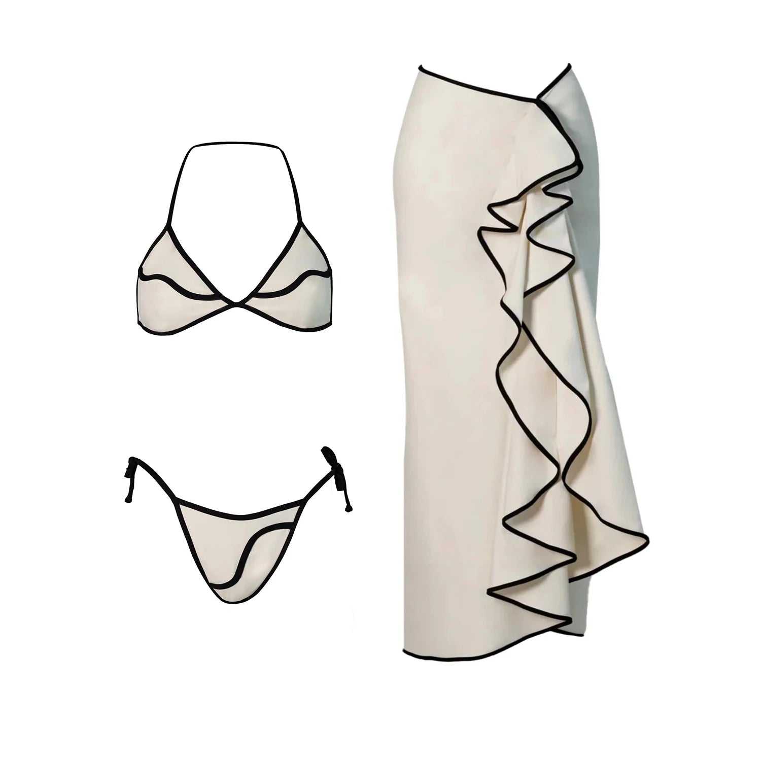 3 Pieces Sexy Bikini Set Black White Bikinis Women Swimsuit Female Elegant Swimwear Long Skirt Bathing Suit Beachwear Cover Up