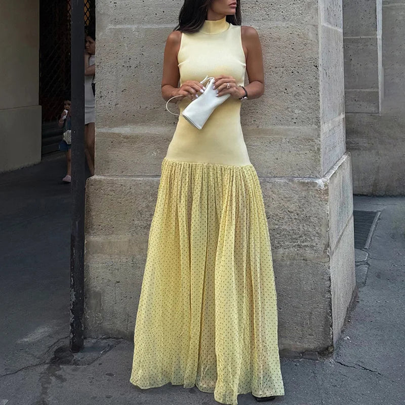 Dignified High Waist Slim Fit A-line Dress 2025 Temperament Sleeveless Pleated Dress Women Mesh Polka Dot Printed Holiday Dress