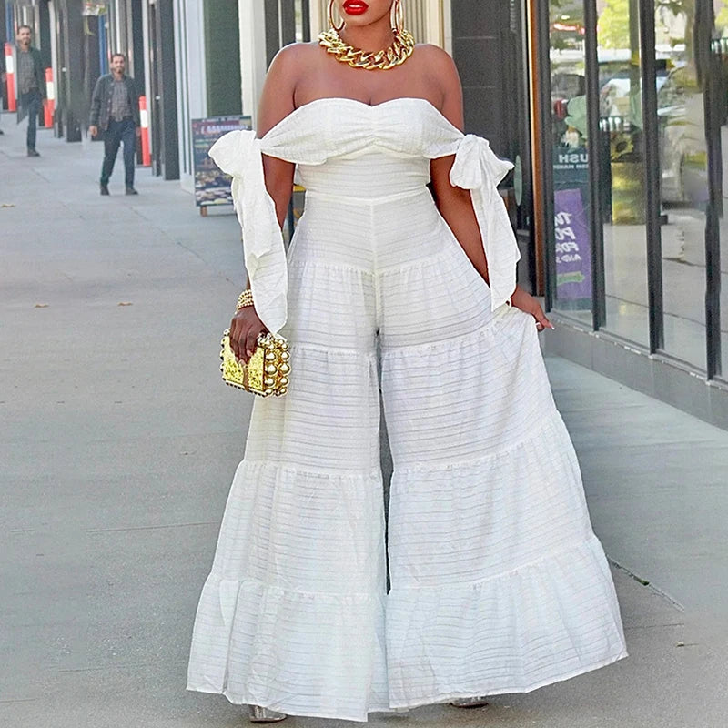 Elegant One Shoulder Women Lace Up Jumpsuit Fashion Solid Loose Wide Leg Playsuits Summer New Casual High Waisted Lady Rompers